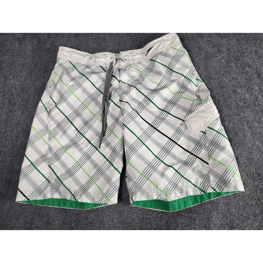 Speedo‎ Plaid Board Shorts Men L White Green Grid Swim Trunks Cargo Pocket Surf